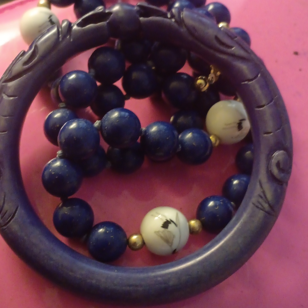 LAPIS Dragon holding Pearl Bangle 37 Gm  61mm LAPIS 24'in NECKLACE WITH CRANES .